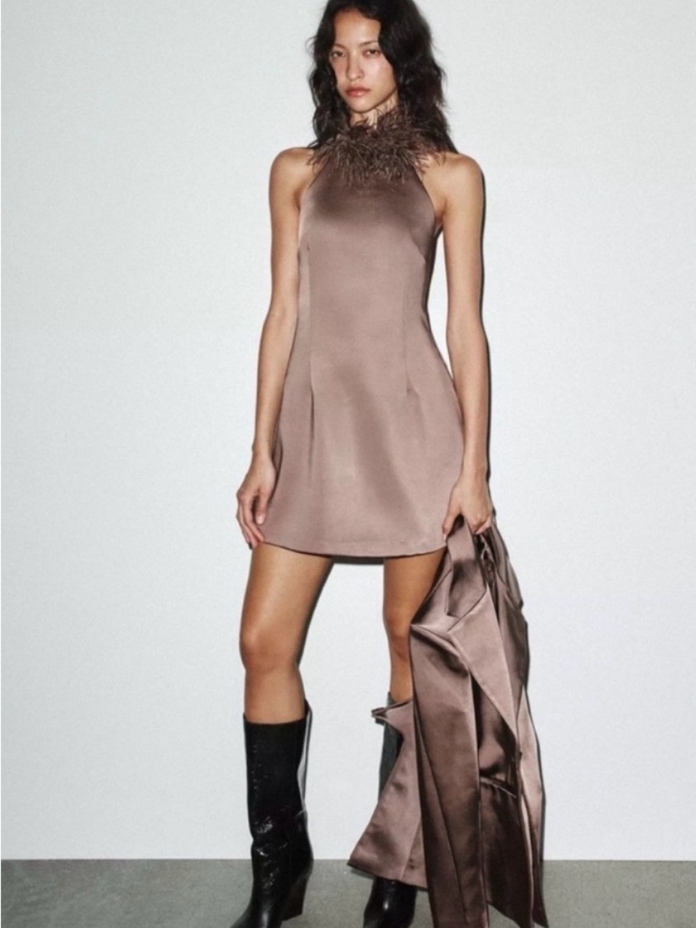 Zara Taupe / Chocolate Mousse Feather Halter Neck Dress M